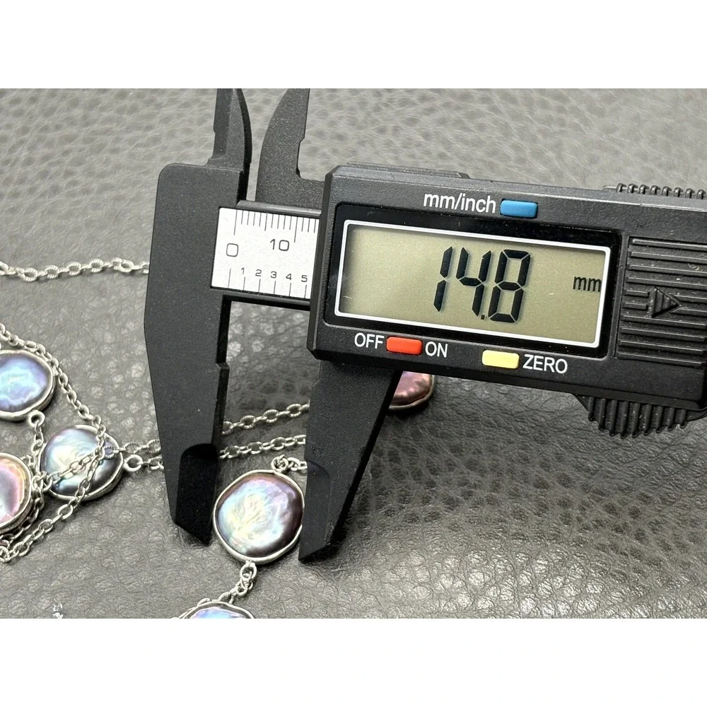 Sterling Silver Iridescent Peacock Coin Pearl Station Necklace 35